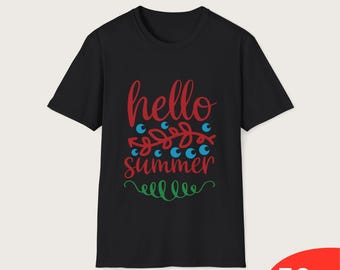 Hallo zomer-T-shirt, leuke retro zomer graphic T-shirt, uniseks strandshirt voor vakantie, leuke Summer Vibes cadeau-idee voor liefhebbers van zonneschijn