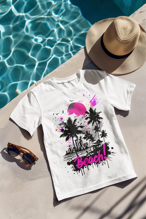 Miami Beach Sunset Shirt, Neon Palm Tree Graphic Tee, Vaporwave Cityscape Summer T-Shirt, Y2K Coastal Retro Aesthetic Top
