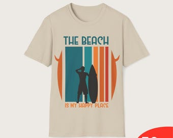 Retro Surfing Shirt The Beach Is My Happy Place, Surfer T-Shirt for Beach Lovers, Summer Coastal Tee Gift Idea for Men-Women