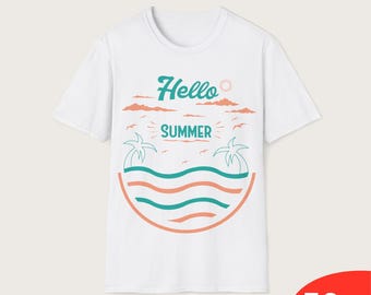 Hello Summer Shirt, Tropical Beach Retro Tee, Cute Summer Vacation Shirt, Palm Tree Ocean Shirt, Aesthetic Summer Vibes T-Shirt