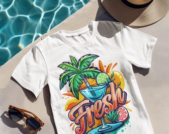 T-shirt fris zomerdrankje, T-shirt tropische cocktail, shirt palmboomstrand, T-shirt levendig vruchtensap, kleurrijke zomertop