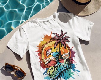 Strandcocktailshirt, retro T-shirt zonsondergang vakantie, grafisch T-shirt zomerdrankje, shirt cadeau tropisch feest, kleurrijk T-shirt strandkleding