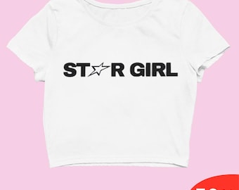 STAR GIRL Y2K Crop Top - Regular Fit White Graphic Tee for Women - Trendy Aesthetic Shirt - Star Print Coquette Slogan Tee - Y2K fashion