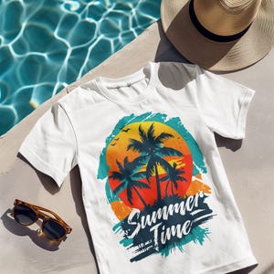 Summer Time Sunset T-Shirt, Tropical Palm Tree Beach Tee, Vibrant Summer Vibes Shirt, Retro Vacation Graphic Top, Ocean Sunset Shirt