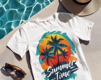 Summer Time Sunset T-Shirt, Tropical Palm Tree Beach Tee, Vibrant Summer Vibes Shirt, Retro Vacation Graphic Top, Ocean Sunset Shirt