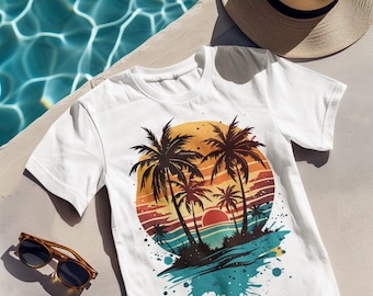 Tropical Sunset Palm Trees Shirt, Retro Summer Beach Aesthetic Tee, Vintage Distressed Vacation Vibes Graphic T-Shirt, Unisex Fit