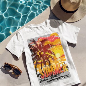 Summer Sunset Palm Tree Shirt, Tropical Beach Wall Art T-Shirt, Retro Sun Graphic Tee, Sunset Coastal Vacation Shirt, Summer Vibes Top