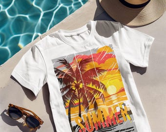 Summer Sunset Palm Tree Shirt, Tropical Beach Wall Art T-Shirt, Retro Sun Graphic Tee, Sunset Coastal Vacation Shirt, Summer Vibes Top