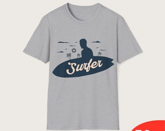 Camiseta de surf estilo vintage, divertida camiseta playera, camiseta gráfica de surfista de verano, top retro estético para hombres y mujeres, atuendo bohemio costero.