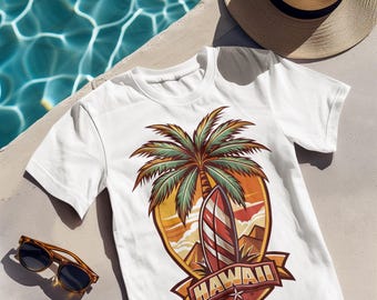 Hawaii Surf Shirt, Retro Surfboard Beach T-Shirt, Tropical Vacation Palm Tree Tee, Summer Adventure Gift, Island Travel Souvenir Tee