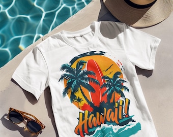 Hawaii Surf Beach T-Shirt, Tropischer Sonnenuntergang Grafik-T-Shirt mit Palmen und Wellen, Cooles Urlaubs-Shirt für Sommerliebhaber und Reisende