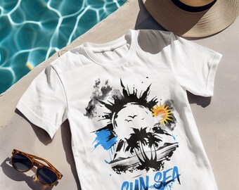 Sun Sea Shirt, Minimalist Beach T-Shirt, Summer Vacation Tee, Ocean Sunset Graphic Tee, Palm Tree Coastal Shirt, Aesthetic Surf Tee