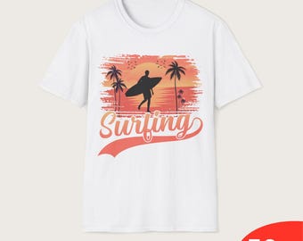 Unisex Surfing Graphic Tee,Retro Sunset Beach Shirt, Summer Ocean Gift for Surfers, Vacation Vibes T-Shirt