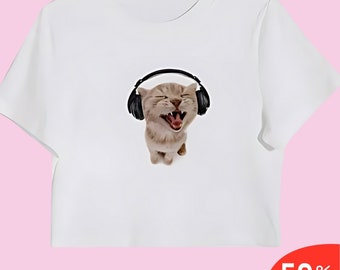 Kattungen lyssnar Crop Top Y2k Crop Top Y2k Kläder Y2k Baby T-shirt Y2K Mode Söt Crop Top Rolig Baby T-shirt Y2K Grafisk Baby T-shirt