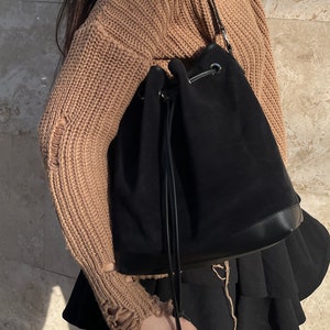 Black Suede Leather Bucket Bag, Drawstring Leather Bucket Bag, Clasic Bucket Bag, Black Bag, Genuine Leather Bag, Soft Leather Bag