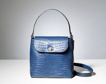 Small Leather Crossbody Bag, Elegant Bag, Student Bag, Customized Leather Bag, Messenger Bag, Blue Leather Shoulder Bag, Gift for Her