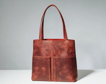 Handmade Burgundy Leather Tote Bag with Pockets, Easter Gift