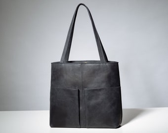 Black Leather Tote Bag, Shopping Bag for Women, School Teacher Tote , Shoulder Bag, Lightweight Soft Leather