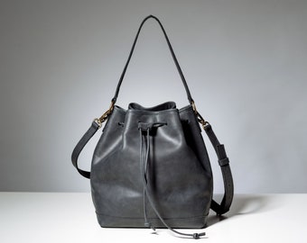 Black Bucket Bag, Bucket Bag Women, Shoulder Bag, Drawstring Bag, Custom Bag for Women,  Gifts