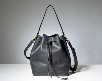 Sac seau noir, Sac seau pour femme, Sac à bandoulière, Sac à cordon, Sac personnalisé pour femme, Cadeaux