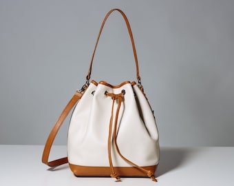 Leather Bucket Bag, White Leather Bucket Bag, Drawstring Bag , Shoulder Bag, Custom Bucket Bag, Cognac Bag