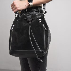 Black  Leather Bucket Bag, Bucket Bag Women, Crossbody Bucket  Bag, Drawstring Bucket Bag, Custom Bag for Women,  Gift for Her