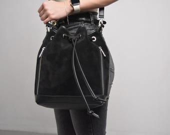 Black  Leather Bucket Bag, Bucket Bag Women, Crossbody Bucket  Bag, Drawstring Bucket Bag, Custom Bag for Women,  Gift for Her