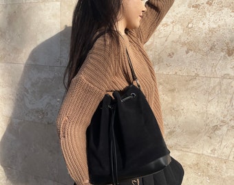 Sac seau en cuir noir, sac seau femme, sac seau à bandoulière, sac seau à cordon, sac personnalisé pour femme, cadeau pour elle