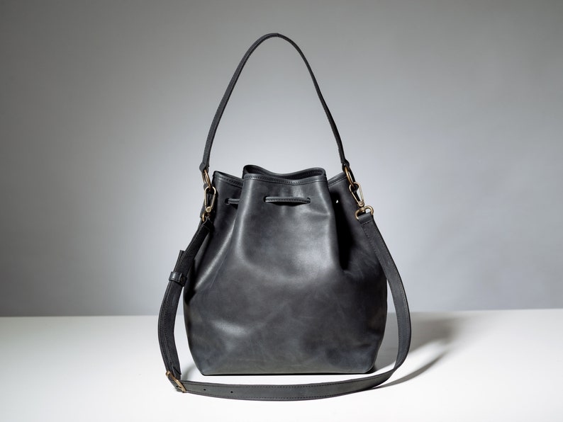 Tara Zadeh Women's Black Leather Bucket Bag Leather Adjustable Strap Bucket Bag