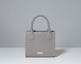 Grey Leather Bag, Pattern Croco bag, Gift for Her, Student Bag