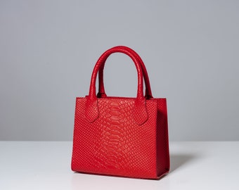 Red Leather Tote Bag, Elegant Leather Bag, Mini Bag in Red Croco Embossed Leather