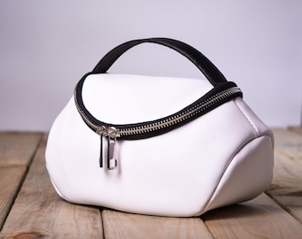 White Leather Cosmetic Bag, Elegant Travel Makeup Organizer, Bridesmaid Gift