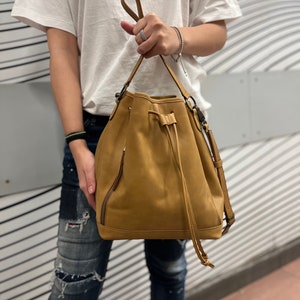 Beige Bucket Bag, Medium Size Leather Bucket Bag, Crossbody Bag, Large Leather Bucket Bag , Personalized Leather Bag, Leather HandBag image 10