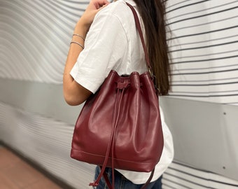 Burgundy Bucket  Bag, Soft Leather Bucket Bag, Drawstring Leather Bag, Burgundy Leather Bag, Bag with Pockets, Gift for Her