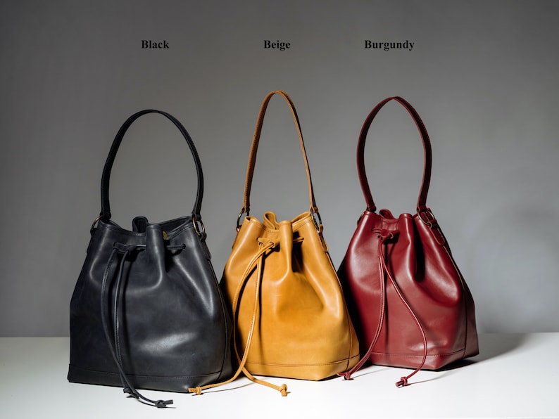 Beige Bucket Bag, Medium Size Leather Bucket Bag, Crossbody Bag, Large Leather Bucket Bag , Personalized Leather Bag, Leather HandBag image 8