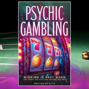 Könnte beinhalten: Ein Buchcover mit einem farbenfrohen Bild eines Spielautomaten mit dem Text "PSYCHIC GAMBLING" in Pink und Weiß. Der Text unter dem Bild lautet "WINNING IS EASY WHEN YOU KNOW THE OUTCOME BEFORE YOU BET" und "WRITTEN BY N.F.R".