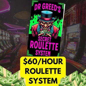 Può includere: Un'illustrazione di un uomo con un cappello a cilindro e un ghigno sinistro che tiene un mucchio di soldi. Il testo recita "Dr. Greed's Secret Roulette System" e "60 €/ora Roulette System". L'immagine è su uno sfondo di slot machine da casinò e pile di soldi.