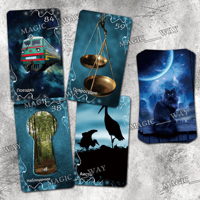 May include: A set of tarot cards with blue backgrounds and illustrations of a train, scales, a keyhole, storks, and a black cat. The cards have numbers and Russian words on them. The cards are laid out on a gray surface.