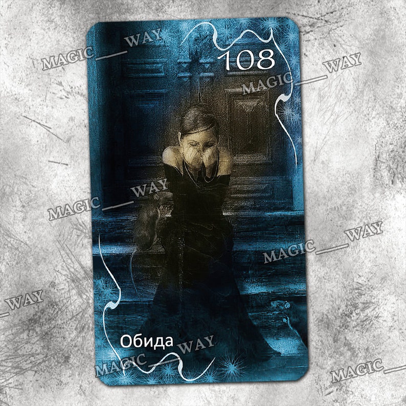 May include: A blue and black tarot card with the number 108 and the word "Obida" in white text. The card features a woman in a black dress sitting on a blue and black background.