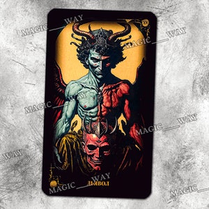May include: A tarot card with a dark background and a depiction of a red and blue demon with horns and wings. The card is titled "Devil" in Russian.