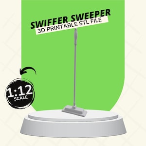 Könnte beinhalten: Ein 3D-druckbares Modell eines Swiffer Sweeper, ein Reinigungswerkzeug mit einem langen Griff und einem rechteckigen Reinigungspad. Das Modell ist im Maßstab 1:12 und als STL-Datei verfügbar.