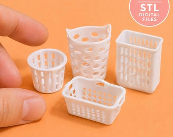 1:12 Scale Miniature Laundry Baskets STL Files – Four Dollhouse Styles (Digital Download)