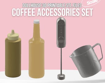 May include: A dollhouse coffee accessories set, including a syrup bottle, a creamer bottle, a handheld frother, and a small pitcher. The set is in a 1:12 scale and features the text "COFFEE ACCESSORIES SET".
