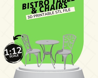 May include: A 3D printable STL file for a bistro table and two chairs. The set is 1:12 scale and is shown in a white color.