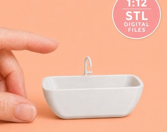 Może przedstawiać: Miniaturowa biała wanna z kranem, prezentowana jako plik cyfrowy STL w skali 1:12. Obiekt jest prostokątny z zaokrąglonymi rogami i gładkim wykończeniem, zaprojektowany do projektów modelarskich oraz zastosowań związanych z drukiem 3D.