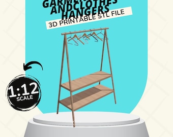 May include: A 1:12 scale 3D printable model of a garment rack with two shelves and wooden hangers. The rack is made of wood and has a light brown finish. The model is designed to be printed on a 3D printer and is available as an STL file.