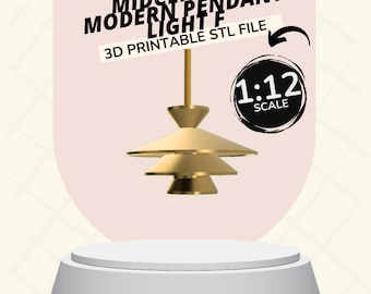 Op de afbeelding: Een goudkleurige mid-century modern hanglamp, 3D printbaar STL-bestand, met een gelaagd schaduwontwerp. De afbeelding bevat de tekst "Midcentury Modern Pendant Light F" en "3D Printable STL File". Een cirkelvormige afbeelding geeft een schaal van 1:12 aan.