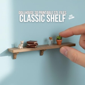 May include: A miniature wooden shelf with a cat figurine, stacked books, a small glass bottle, and a potted succulent. The shelf is labeled "CLASSIC SHELF" and is 1:12 scale. The shelf is held by a hand against a blue background.