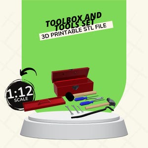 May include: A red toolbox with a set of tools, including a hammer, pliers, wrenches, and a screwdriver. The tools are arranged on a white platform. The toolbox and tools are 1:12 scale and are 3D printable STL files.