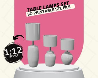 Könnte beinhalten: Ein Set aus drei weißen Tischlampen im Maßstab 1:12. Die Lampen sind aus Keramik und haben ein schlichtes, modernes Design. Die Lampen sind 3D-druckbar und werden mit einer STL-Datei geliefert.
